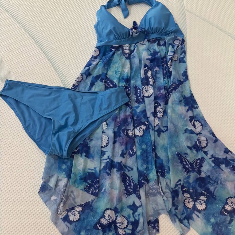 Blue Butterfly Print Swimsuit Set